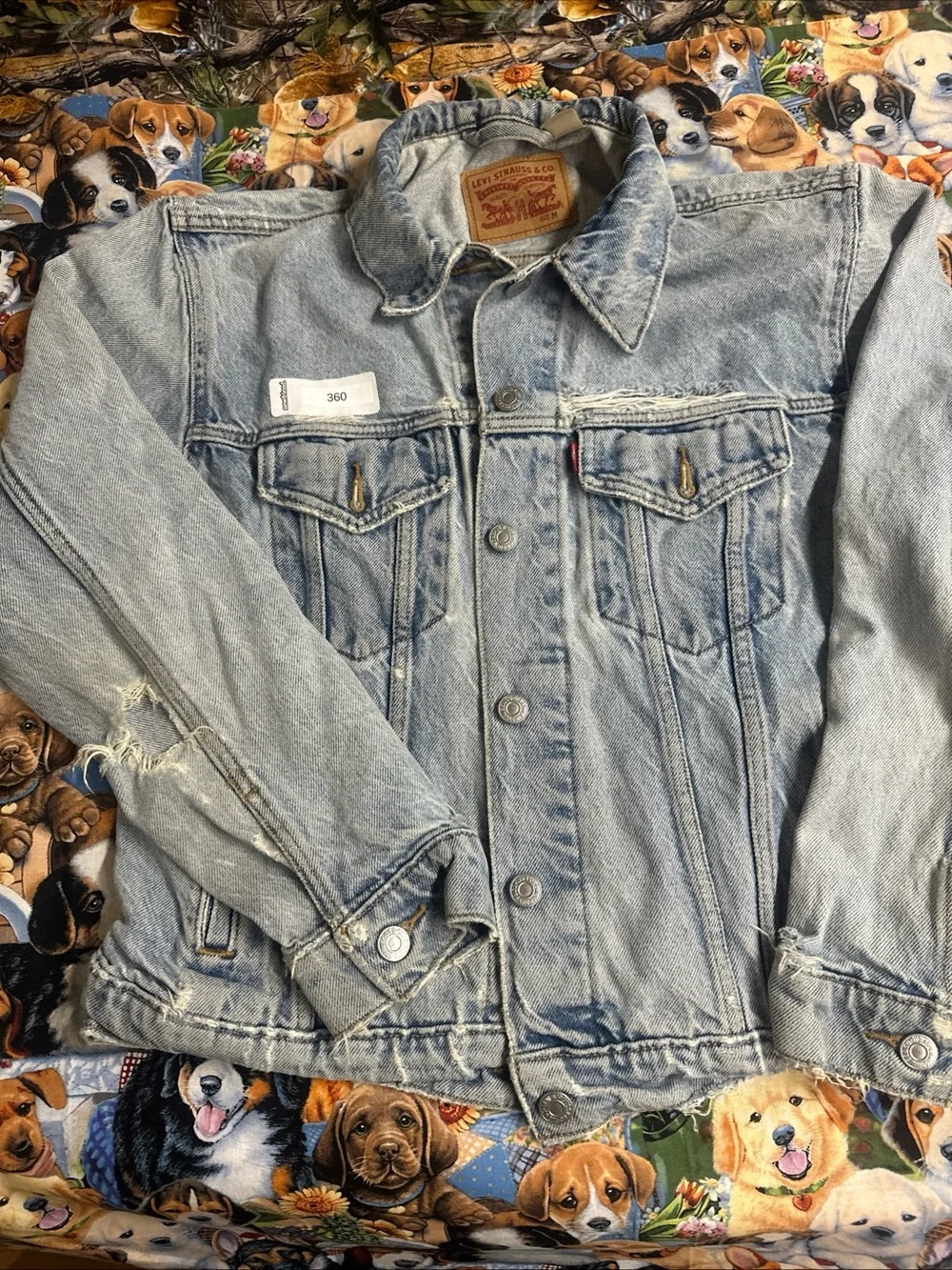 Levi's Light Wash Denim Trucker Jacket - Pale Blue. Heavily distressed.